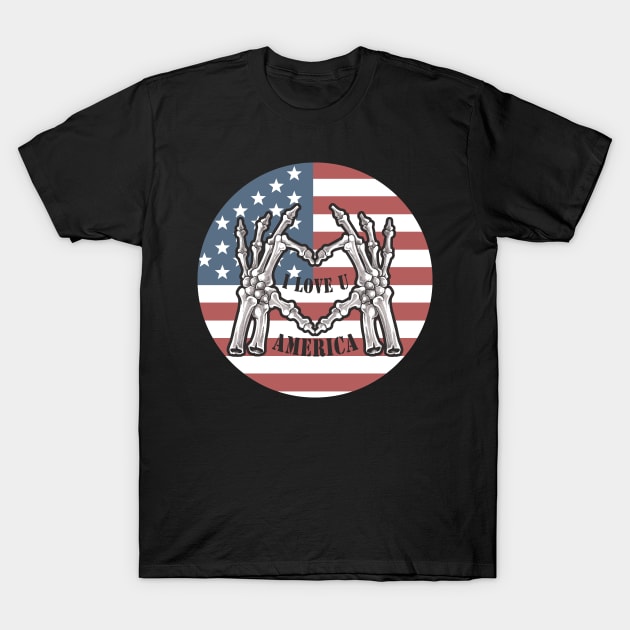 I love you america usa forever skeleton skull bones hand artwork, Circular american flag background T-Shirt by Modern Art